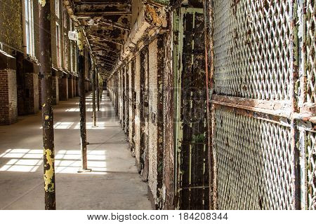 Mansfield, Ohio, USA - April 18, 2017: Cell block of the now abandoned Ohio State Reformatory in eastern Ohio is a popular tourist attraction.
