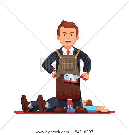 Gloating killer business man standing in necktie suit and craftsman working leather apron holding bloody butcher knife after killing his opponent or enemy. Flat style vector isolated illustration.
