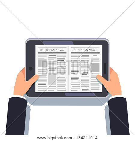 Tablet computer or eReader in businessman hands. Daily or weekly business news. Online media tabloid site concept. Flat style modern vector illustration isolated on white background.