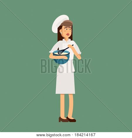 Cool vector flat design culinary and cuisine professional. Smiling restaurant chef cook holding a bowl. Catering cuisine staff characters
