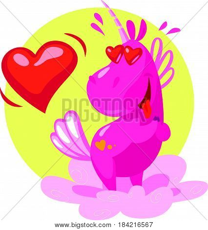 Vector portrait of flat funny unicorn character isolated on white background. Cartoon style. Cute funny little pink horse. Fairy smiling lovely pony. Children illustration. Good for packaging design.