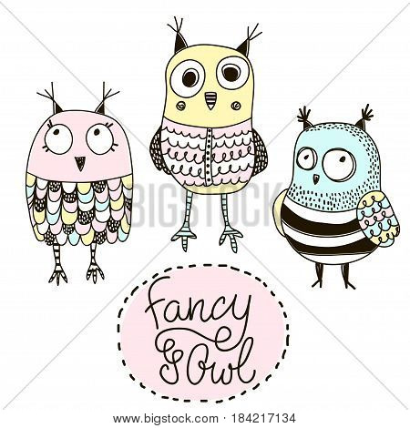 Set of funny owls. Doodle owls birds set. Vector hand drawn illustration