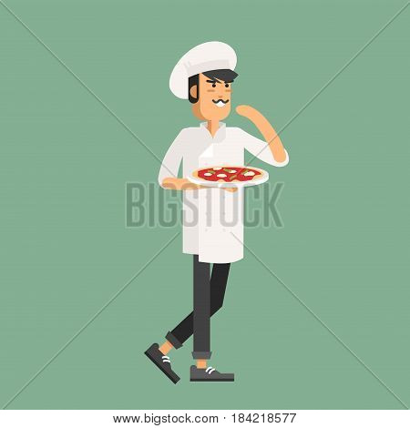 Cook chef in work clothes preparing and holding a pizza. Vector illustration male character cook