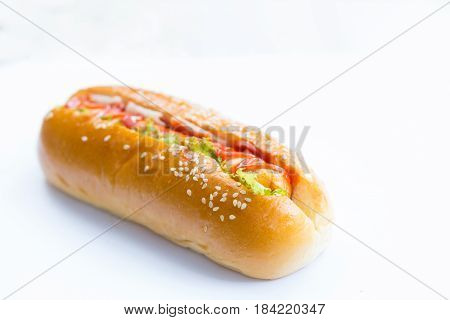 Hotdog top with sesame on white backgroubd fast food