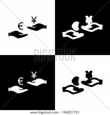 Currency exchange from hand to hand. Euro and Yen. Vector. Black and white icons and line icon on chess board.