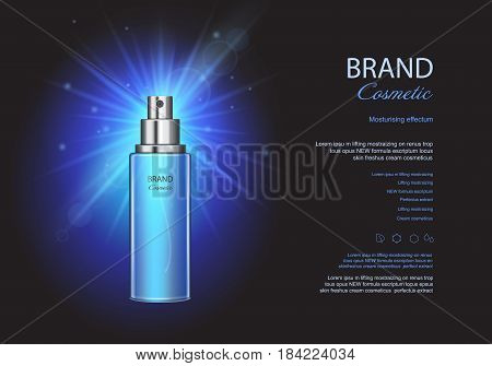 Cosmetic ads, blue spray bottles mockup on dark luxury background, illustration poster with moisturizing premium product,