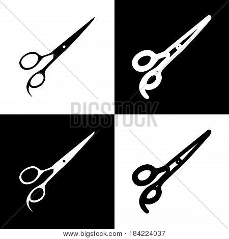 Hair cutting scissors sign. Vector. Black and white icons and line icon on chess board.