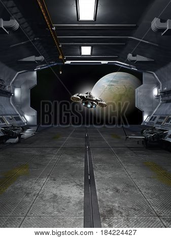 Science fiction illustration of a spaceship taking off from inside a space station towards an alien planet, digital illustration (3d rendering)