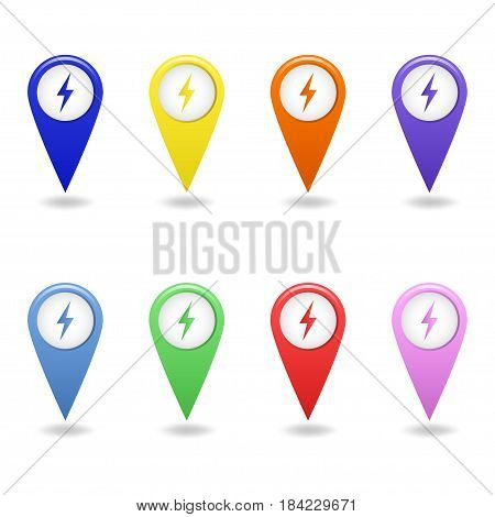 Set of colorful map pointers of electric car charging station. Electric vehicle charging station marker. Vector illustration.