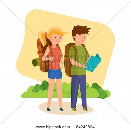 Summer vacation outdoor, camping and hiking. Tourists travel and are engaged in walking together along an unexplored area with map, signs in hands. Vector illustration isolated in cartoon style.