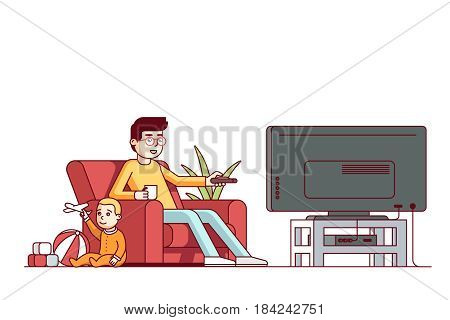 Father switching channels watching tv and looking after little baby son playing toys. Babysitter guy sitting with kid in living room armchair. Flat style vector illustration isolated on white.