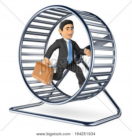 3d business people illustration. Businessman running on a hamster wheel. Isolated white background.
