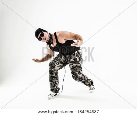 best rapper dancing break dance .photo on a light background. the photo has a empty space for your text