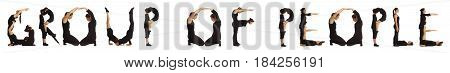Black dressed people forming word GROUP OF PEOPLE on white background