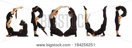 Black dressed people forming word GROUP on white background