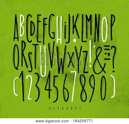 Alphabet set straight lines font in vintage style drawing with black and white lines on dirty green background