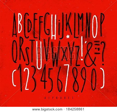 Alphabet set straight lines font in vintage style drawing with black and white lines on dirty red background