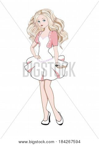 The beautiful fashionable girl the blonde in a bolero and a short dress with a bracelet
