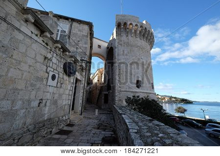 KORCULA, CROATIA - NOVEMBER 09: One of the towers in the ancient city wall of the historic city Korcula at the island Korcula in Croatia on November 09, 2016.
