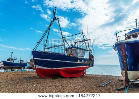 Fishing Boats On The Shore, Pebble Beach, Wooden Boats, Fishing And Tourist Industry
