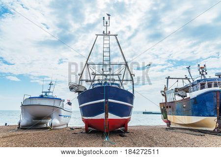 Fishing Boats On The Shore, Pebble Beach, Wooden Boats, Fishing And Tourist Industry