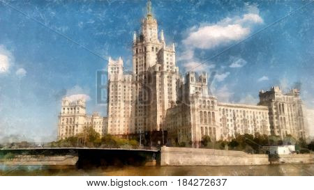 Skyscraper On The Waterfront Promenade. Moscow Sights, View From The Moskva River, Watercolor Drawin