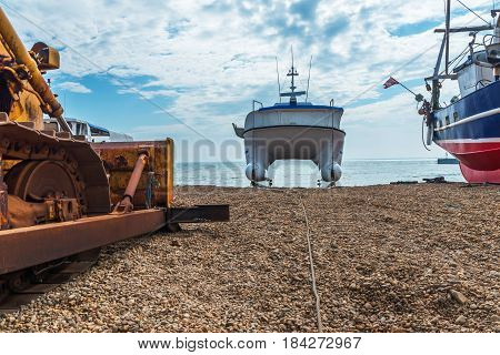 Fishing Boats On The Shore, Pebble Beach, Wooden Boats, Fishing And Tourist Industry