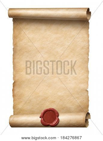 old scroll with red wax seal 3d illustration