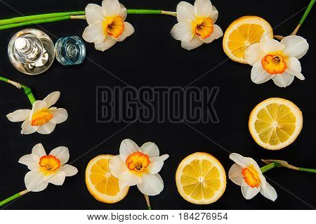 Top View Black Background With Frame Of Fresh Daffodils, Botlle Of Perfume And Lemon Slices. Yellow