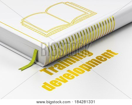 Learning concept: closed book with Gold Book icon and text Training Development on floor, white background, 3D rendering