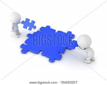 3D Characters placing puzzle pieces into jigsaw puzzle. Image can convey teamwork and cooperation.