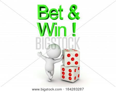 3D Character leaning on a pair of dice with Bet and win text above him. Image can relate to gambling.
