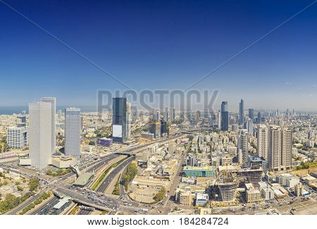 Panoramic Shot Of Tel Aviv and Ramat Gan Skyline At Day.  Tel Aviv Cityscape Aerial View