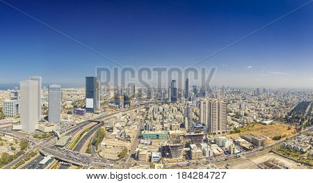 Panoramic Shot Of Tel Aviv and Ramat Gan Skyline At Day.  Tel Aviv Cityscape Aerial View