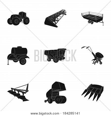 Set of pictures about agricultural machinery. Cars to robots to the ground.Agricultural Machinery icon in set collection on black style vector symbol stock web illustration.