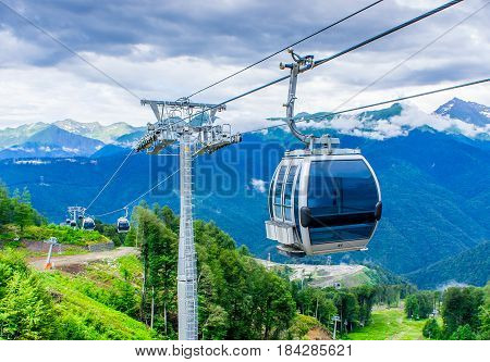 Cableway in the mountains.Beautiful Mountain View. RussiaSochiKrasnaya Poliana.