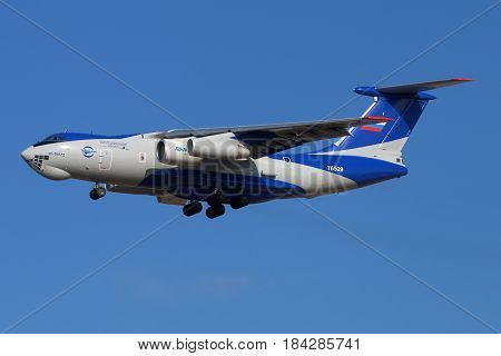 ZHUKOVSKY, MOSCOW REGION, RUSSIA - MARCH 15, 2017: Ilyushin IL-76LL 76529 flying testbed with new PD-14 engine landing at Zhukovsky - Ramenskoe airport.