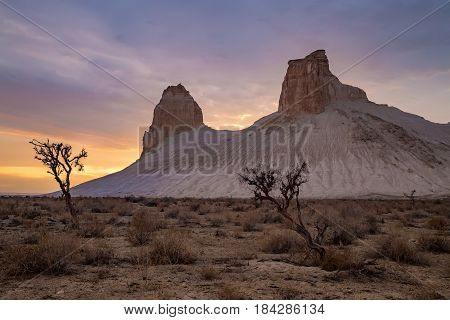 Sunset in the canyon of Boszhira, chines of Ustyurt, Kazakhstan