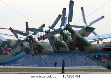 KUBINKA, MOSCOW REGION, RUSSIA - APRIL 24, 2017: Tail rotors of Mil Mi-8AMTSH helicopters of Russian air force during Victory Day parade rehearsal at Kubinka air force base.