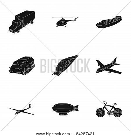 Set of pictures about types of transport. Transportation of people, cargo. Ground, underwater, air transport. Transport icon in set collection on black style vector symbol stock web illustration.