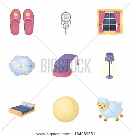 A set of pictures on a theme a dream, rest. Bed accessories for rest.Sleep and rest icon in set collection on cartoon style vector symbol stock web illustration.