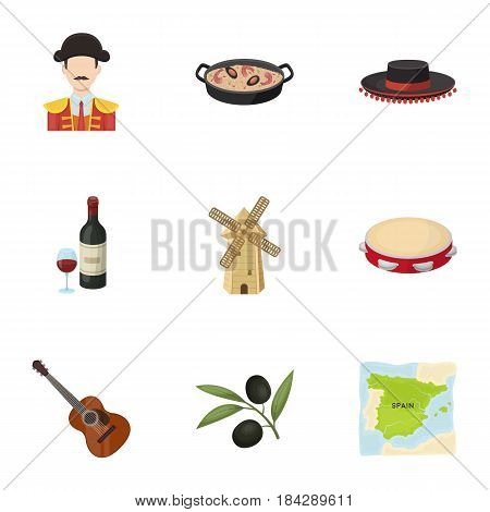 A set of pictures about Spain. Sights of Spain, gypsies, guitar, dances.Spain country icon in set collection on cartoon style vector symbol stock web illustration.
