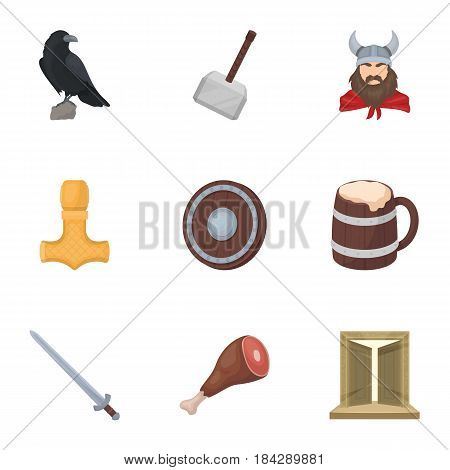 Ancient warriors of the Vikings on the ship. Outfit and symbols of the Vikings.Vikings icon in set collection on cartoon style vector symbol stock web illustration.