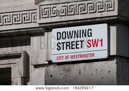 London UK - April 25 2017: Downing Street signpost