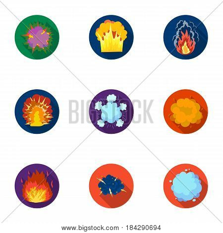 A set of icons about the explosion. Various explosions, a cloud of smoke and fire.Explosions icon in set collection on flat style vector symbol stock web illustration.