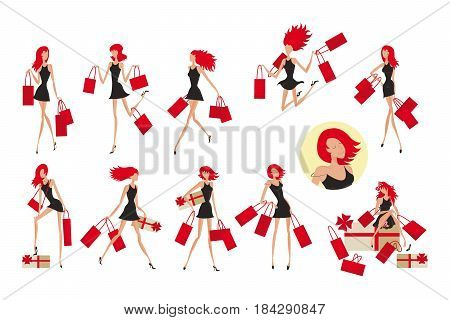 Colorful fashionable attractive women set with young girls holding shopping bags in different poses isolated vector illustration