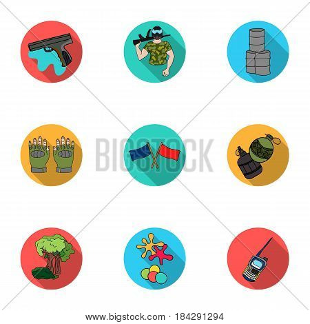A collection of pictures about the game in paintball. The balloons with paint.Paintball icon in set collection on flat style vector symbol stock web illustration.