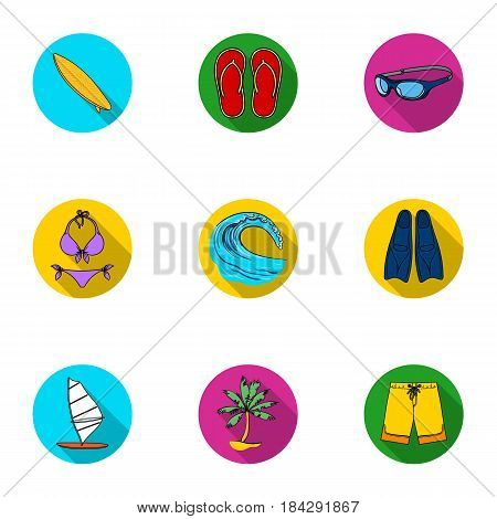 A collection of pictures on the theme of the beach, the sea, surfing. Rescuers of the beach.Surfing icon in set collection on flat style vector symbol stock web illustration.