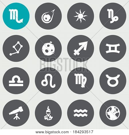 Set Of 16 Astrology Icons Set.Collection Of Water Bearer, Goat, Archer And Other Elements.