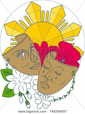 Mono line style illustration showing a drama theater mask with hibiscus or rose mallow and arabian jasmine Jasminum sambac or sampaguita and Philippine sun in background.